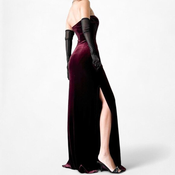 Vintage Burgundy Red Beaded Velvet Knit Maxi Bodycon Strapless Prom Dress Size S - Picture 4 of 7